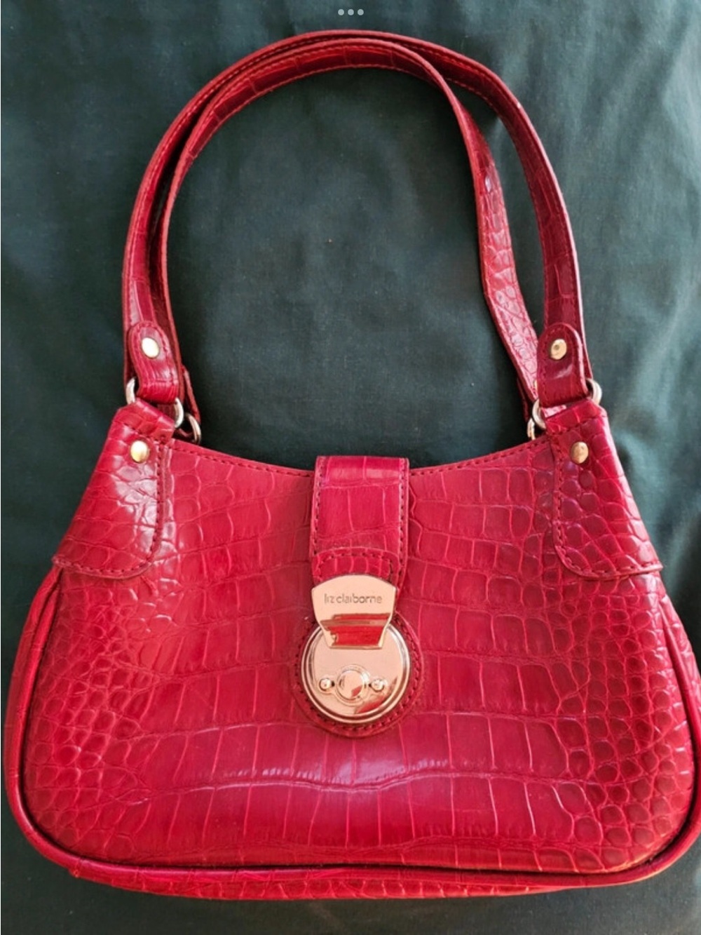 Liz Claiborne Red Croc-Effect Shoulder Bag with Gold Hardware